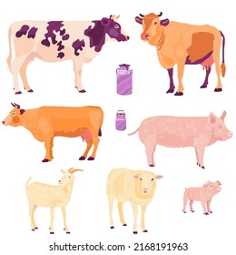 Set With Barnyard Animals, Cows, Pig, Piglet, Goat, Sheep. Vector Illustration, Isolated On White Background. 