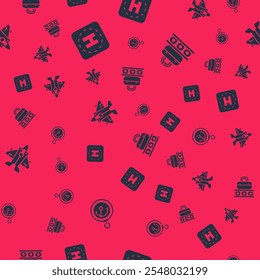 Set Barometer, Helicopter landing pad, Jet fighter and Conveyor belt with suitcase on seamless pattern. Vector
