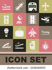Set Barometer, Plane, Helicopter, Aircraft hangar, Radar, Mobile with ticket, landing and Airport runway icon. Vector