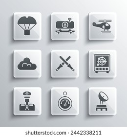 Set Barometer, Radar, with targets on monitor, Marshalling wands, Pilot, Cloud weather, Box flying parachute and Helicopter icon. Vector