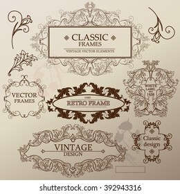 Set of Baroque, antique frames, labels, emblems, ornamental elements for design on a striped background. Vector vintage collection. Classic motifs. Vintage book style.