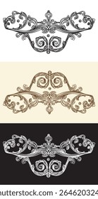 Set of baroque design element in three colors. Scroll vintage engraved decorative ornament with leaves. Outline vector illustration. Old fashioned vignette ornament. For decoration, print, design