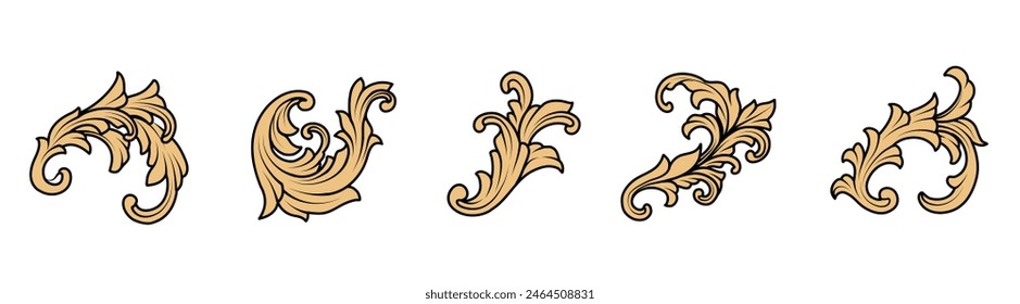 Set of baroque filigree ornament, golden flourish elements vector isolated on white background