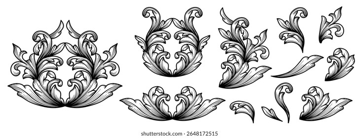 Set of baroque ornaments. Vintage Arabesque engraving, victorian ornamental, damask, filigree, flourish, swirlCollection of vintage floral decorations. Acanthus decoration elements vector illustration