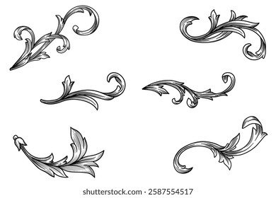 Set of Baroque Scroll engraving Ornament. Victorian filigree decoration element, Floral flourish Graphic Design with Spirals and scrolls vector illustration