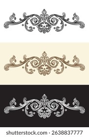 Set of baroque scroll hand drawing decorative elements. Engraving retro pattern. Vintage damask, old style filigree wedding floral ornaments. Vector illustration for decoration, cards, invitation