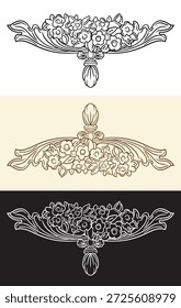 Conjunto de Elementos decorativos dibujados a mano de pergamino barroco. Grabado de patrón retro. Antiguas damasco, adornos florales de boda de filigrana de estilo antiguo. Ilustración vectorial para la decoración, tarjetas, invitación