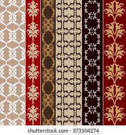 Set of baroque seamless silk wallpaper. Damask print, oriental motifs, neoclassical borders. Vintage patterns collection. Red and golden shadows palette. 