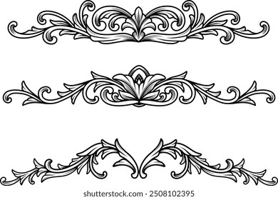 Set Baroque vintage ornamental border frame, crown, swirl, filigree, arabesque engraving decorative elements.