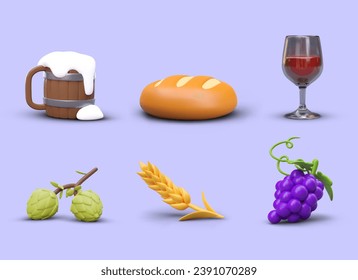 Set with barrel of beer, loaf, wineglass, green natural hop, yellow wheat and grape bunch. Products from natural plants. Poster with purple background. Vector illustration in 3d style