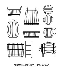 Set barrel, mug, wooden tub and products. Flat linear icons.