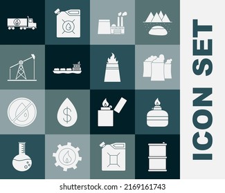 Set Barrel oil, Alcohol or spirit burner, Oil industrial factory building, tanker ship, pump pump jack, Tanker truck and rig with fire icon. Vector