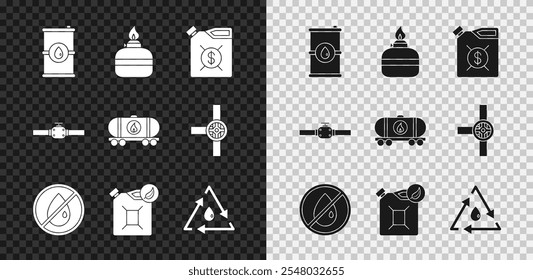 Set de aceite de barril, alcohol o quemador de alcohol, bote para máquina de motor, sin gota, bote de combustible biológico, aceite con reciclaje, tuberías de la industria y válvula y icono de cisterna de ferrocarril. Vector