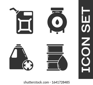 Set Barrel oil, Canister for gasoline, Antifreeze canister and Oil and gas industrial factory building icon. Vector