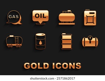 Set Barrel oil, Canister for motor, Gas tank vehicle, Oil railway cistern, storage, Location and gas station and Word icon. Vector