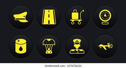 Set Barrel oil, Clock, Parachute, Pilot, Trolley baggage, Airport runway, UAV Drone and hat icon. Vector