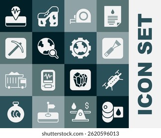 Set Barrel olie, Drone, Paint borstel, Roulette constructie, Vergrootglas met globe, Pickaxe, Earthquake and Gear wielen en aarde icoon. vector