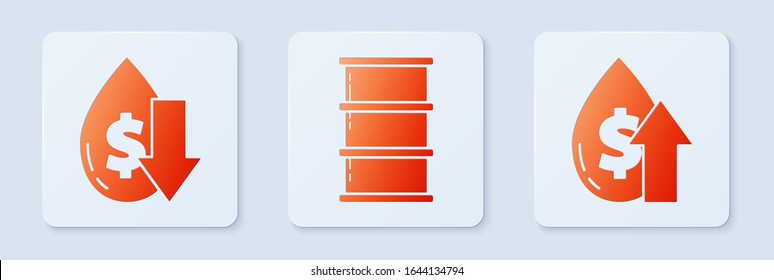 Set Barrel Oil, Drop In Crude Oil Price And Oil Price Increase. White Square Button. Vector