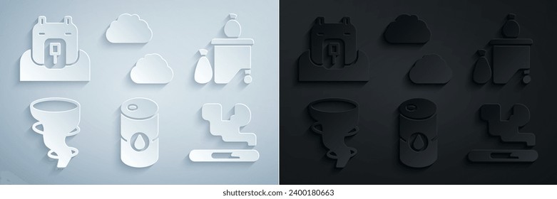 Set Barrel oil, Full dustbin, Tornado, Cigarette, Cloud and Polar bear head icon. Vector