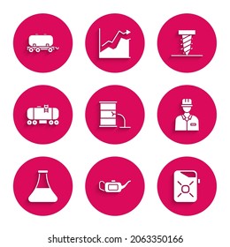 Set Barrel oil leak, Canister for motor, Oilman, petrol test tube, railway cistern, Rotating drill digging hole and  icon. Vector