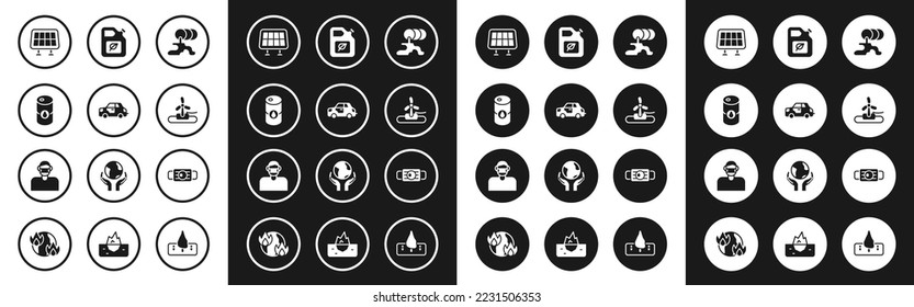 Set Barrel oil leak, Car, Solar energy panel, Wind turbine, Bio fuel canister, Medical protective mask and Face icon. Vector