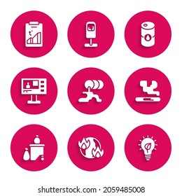 Set Barrel oil leak, Global warming fire, Light bulb with leaf, Cigarette, Full dustbin, Television report,  and  icon. Vector