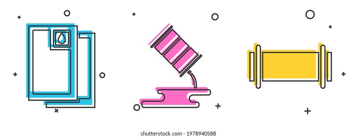 Set Barrel oil, Barrel oil leak and Industry pipe icon. Vector