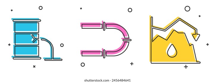 Set Barrel oil leak, Industry pipe and Drop in crude oil price icon. Vector