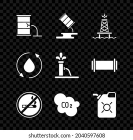 Set Barrel oil leak, Oil rig with fire, No Smoking, CO2 emissions cloud, Canister for motor, drop and pump pump jack icon. Vector