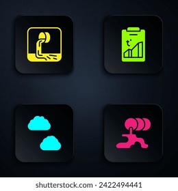 Set Barrel oil leak, Wastewater, Cloud and Global warming. Black square button. Vector