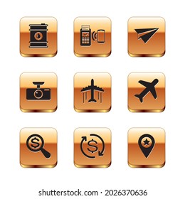 Set Barrel oil, Magnifying glass and dollar, Return of investment, Plane, Car DVR and Paper plane icon. Vector