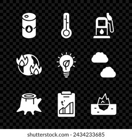 Set Barrel oil, Meteorology thermometer, Petrol gas station, Tree stump, Global warming, Iceberg, fire and Light bulb with leaf icon. Vector