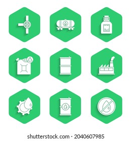 Fijar aceite de barril, sin gota, construcción de una fábrica de aceite, cartucho de combustible ecológico, tubo de ensayo de gasolina y tubos industriales e icono de válvula. Vector