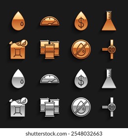 Set Barrel oil, Oil petrol test tube, Industry pipes and valve, No drop, Bio fuel canister, with dollar,  and Speedometer icon. Vector