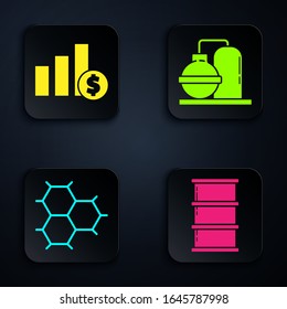 Set Barrel oil, Pie chart infographic and dollar, Chemical formula consisting of benzene rings and Oil and gas industrial factory building. Black square button. Vector