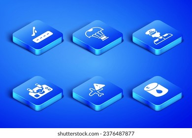 Set Barrel oil, Plane takeoff, Warning aircraft, Aircraft steering helm, Box flying on parachute and Pilot icon. Vector