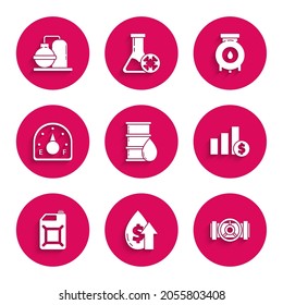 Set Barrel oil, Oil price increase, Industry metallic pipes and valve, Pie chart infographic dollar, Canister for gasoline, Motor gauge, industrial factory building and  icon. Vector