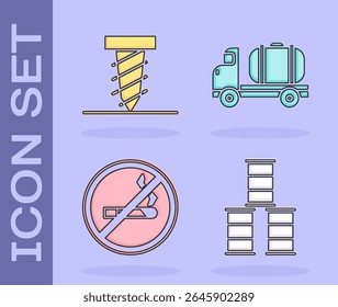 Set Barrel oil, Rotating drill digging a hole, No Smoking and Tanker truck icon. Vector