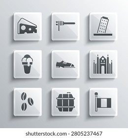 Set Barrel for wine, Flag Italy, Milan Cathedral, Men shoes, Coffee beans, Ice cream, Cheese and Tower Pisa icon. Vector
