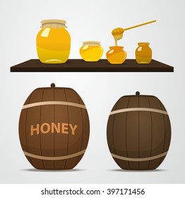 A set of barrels of honey for the apiary and cans that are on the shelf. Spoon dipped in a jar of honey. Yellow jars and brown barrels filled with honey in vector.