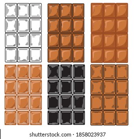 Set of Bars of Black Chocolate without wrapper on a white background. Vector illustration.