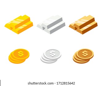 Set of bars and coins in isometric style. Gold, silver and bronze bars and coins. Vector illustration