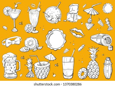 Set Bartender, Cocktails sketch set,  Cocktails elements and ingredients hand drawn vector illustration