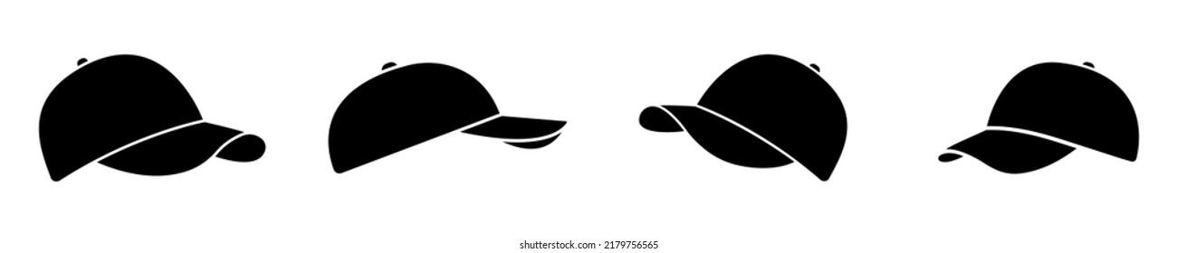 Set Of Base Ball Cap Vector Icons. Black Baseball Hat Icons Vector On White Background. Black Silhouette.