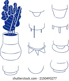 Set of the base of the flowerpot. Ornamental plants in a flowerpot. Decor elements. Stylized flowers. Flat design.