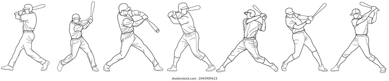 Set of baseball athletes with bats swinging for a hit, drawn in outlines, black on white background