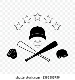 A set of baseball attributes on a transparent background. Silhouettes of icons baseball accessories. Collection of silhouettes: helmet, ball, bat, baseball cap for print, plotter, laser cutting.