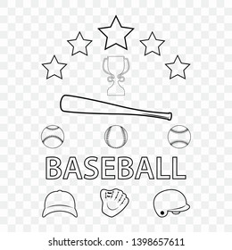 A set of baseball attributes on a transparent background. Silhouettes of icons baseball accessories. Collection of silhouettes: helmet, ball, bat, baseball cap for print, plotter, laser cutting.