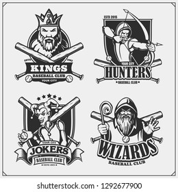 Set of baseball badges, labels and design elements. Sport club emblems with hunter, wizard, king and joker. Print design for t-shirts.