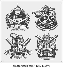 Set of baseball badges, labels and design elements. Sport club emblems with ancient warriors. Print design for t-shirt.